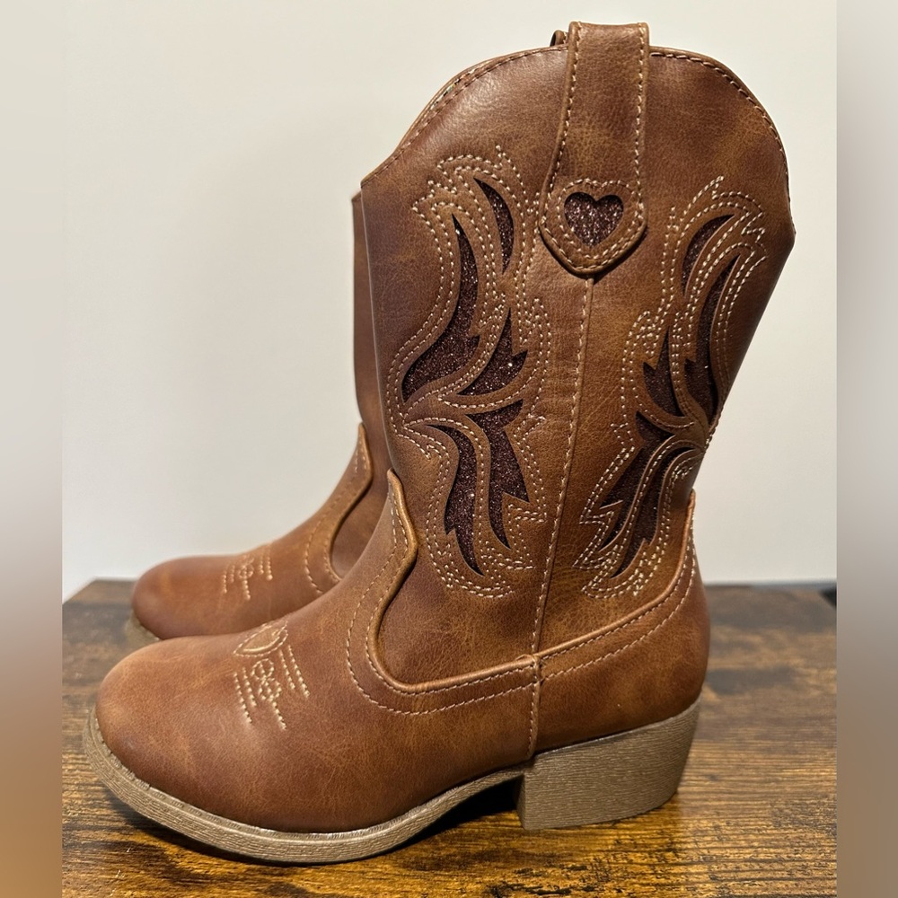 Pop Little Girls Cognac Sanchee Block Heel Cowboy Boots NWT Size 1